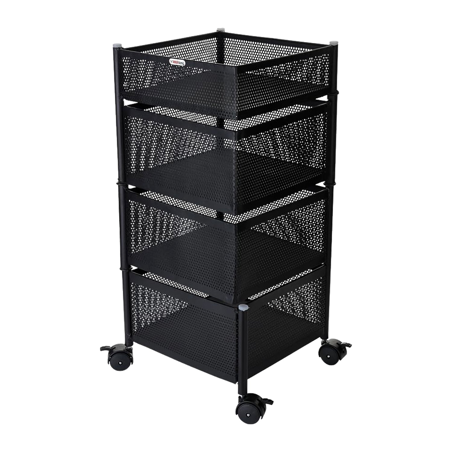 KitchKing 4 Layer Square Metal Mesh Storage Trolley with Wheels – Multi-Purpose Movable Organizer Rack (Black)