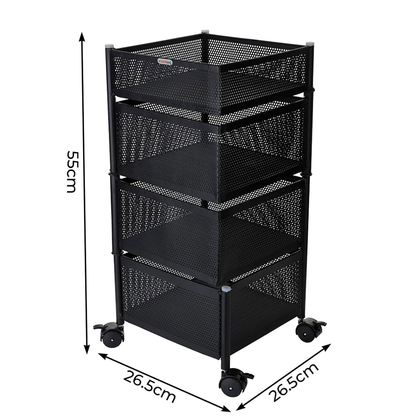KitchKing 4 Layer Square Metal Mesh Storage Trolley with Wheels – Multi-Purpose Movable Organizer Rack (Black)
