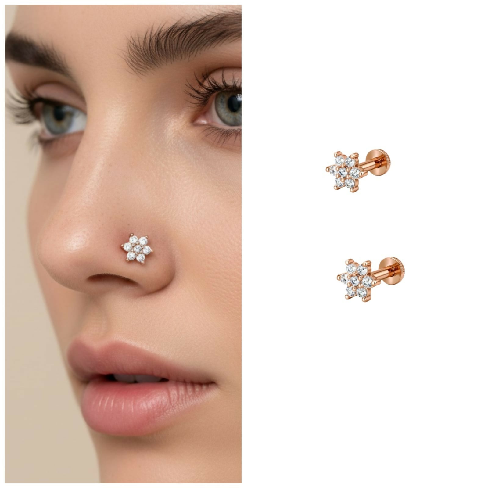 Rose gold plated flower crystal nosepin stud combo pack front view