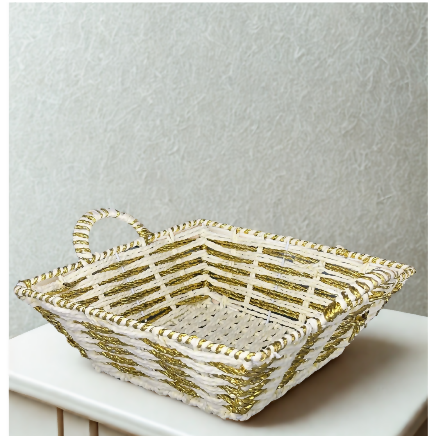 Handmade Decorative Storage Basket with Dual Handles – White & Golden Woven Multipurpose Organizer for Snacks, Fruits, Dry Fruits, Bread, Gift Hampers, Kitchen & Table Décor