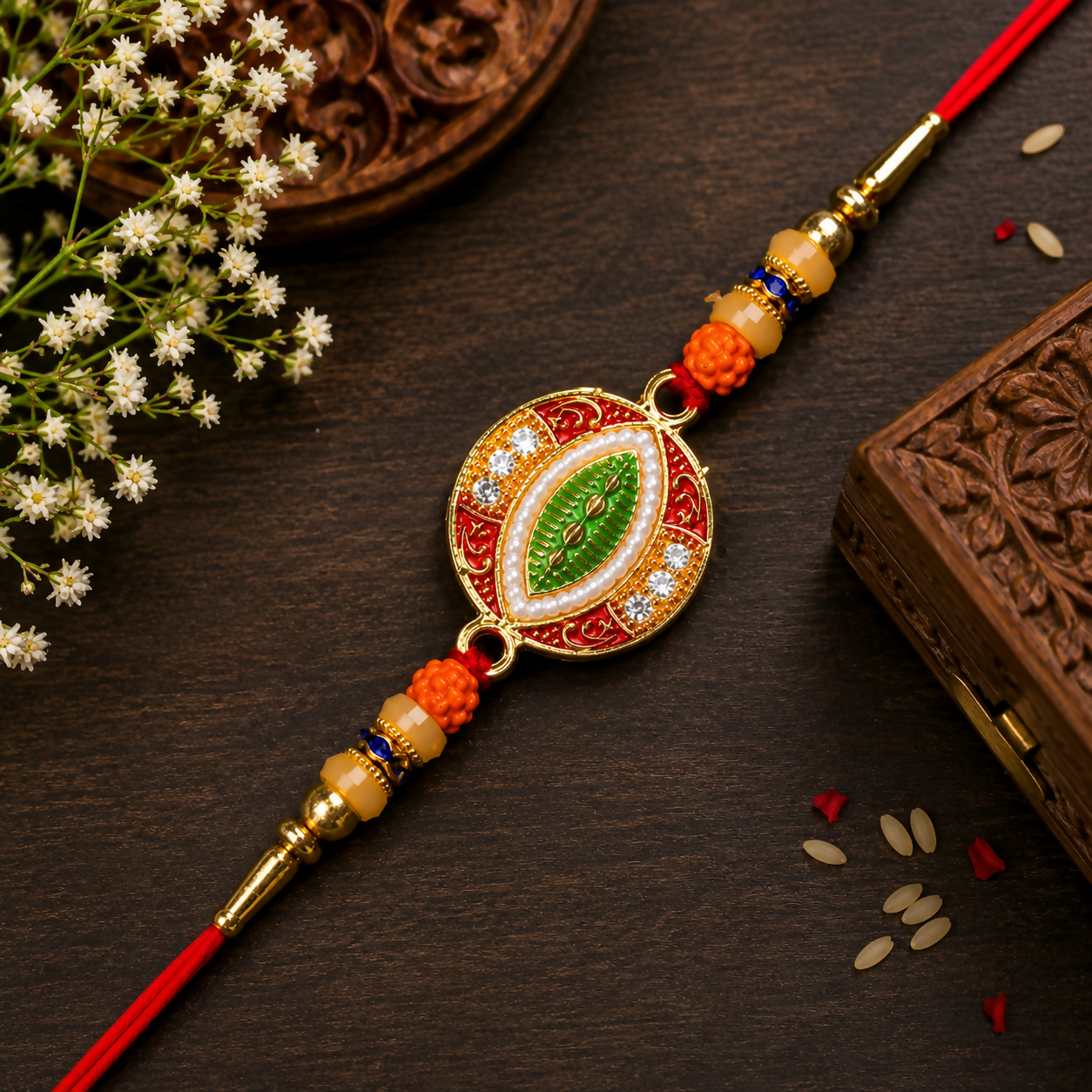A red and gold bracelet with orange beads, a central green leaf design, and white stones on a dark wooden background with