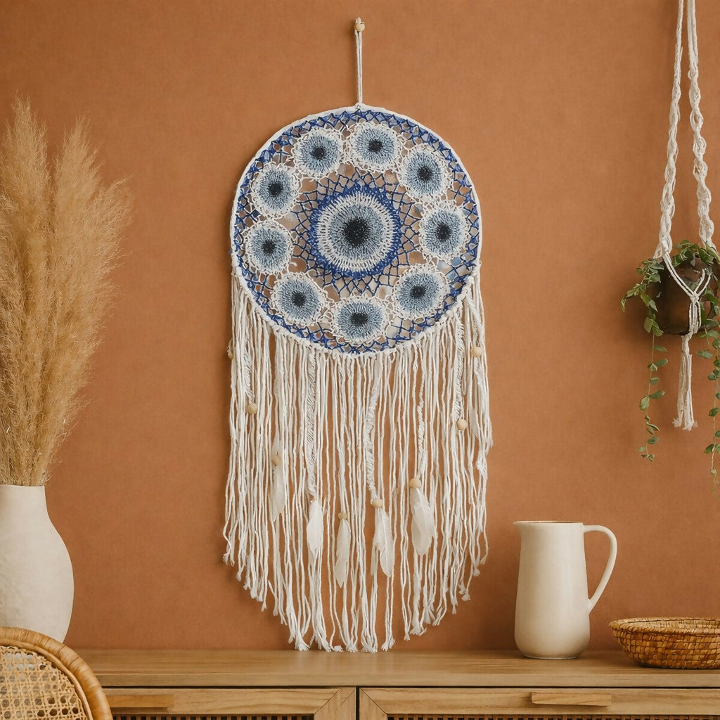 Handcrafted boho dream catcher wall hanging with feather tassels