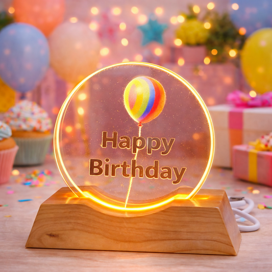 Happy Birthday Acrylic LED Plaque with Wooden Base Decorative Gift Lamp