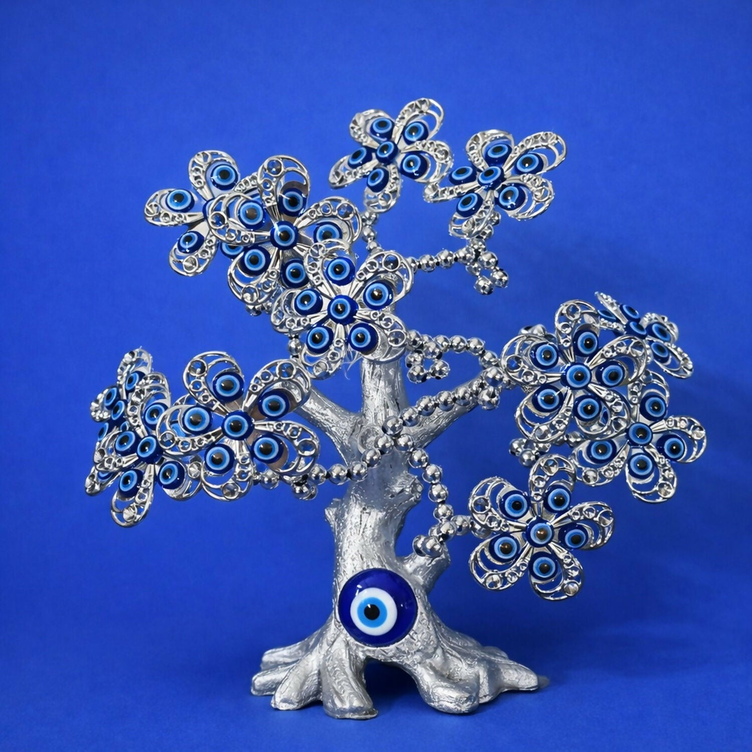 Silver Evil Eye Tree Showpiece for Home Decor, Luck & Protection