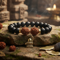 Shivling Nagraj Charm Rudraksha Bracelet with Matte Black Beads and Golden Details