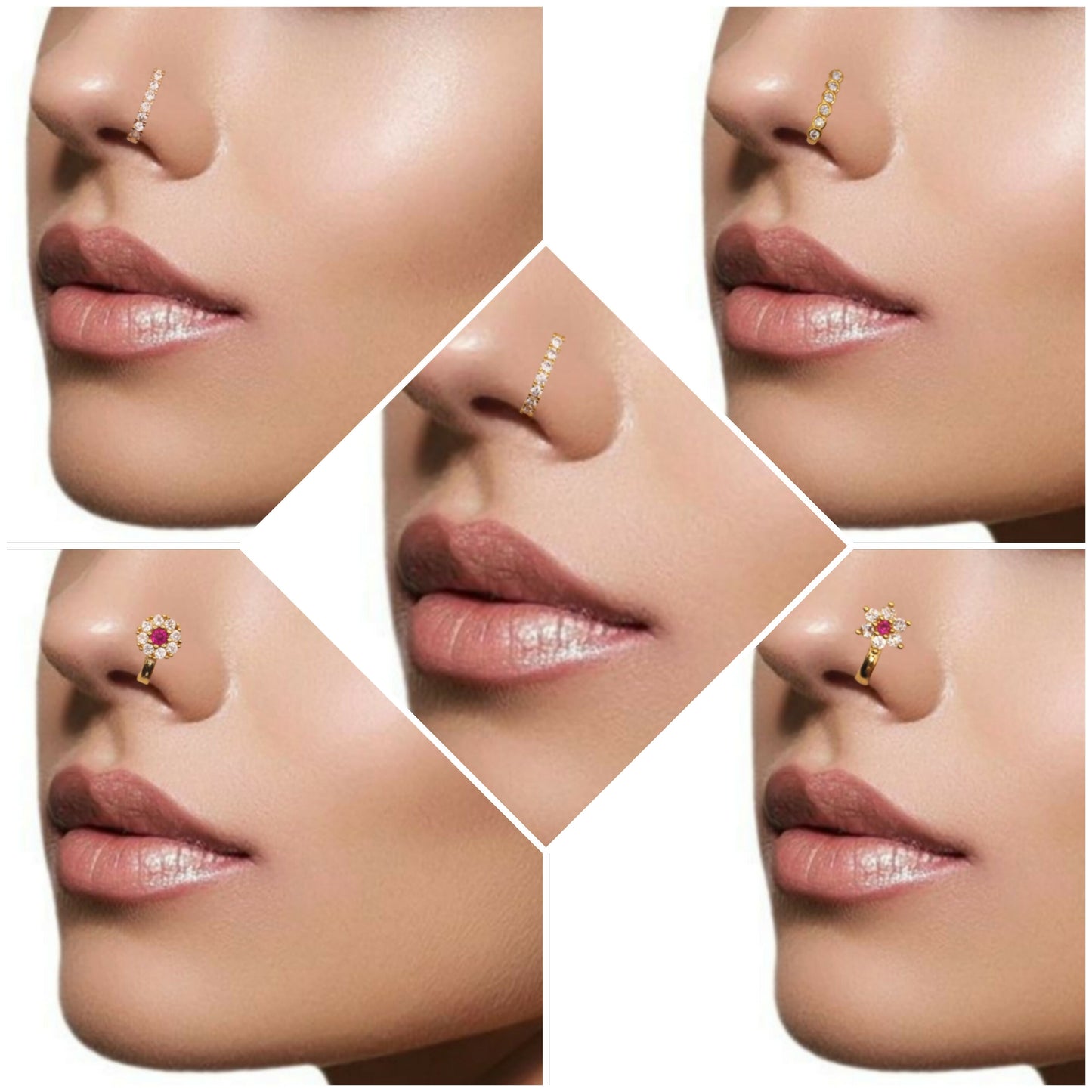 CZ Flower & Line Non-Piercing Nose Ring/Nath Combo Set Combo Pack of 5