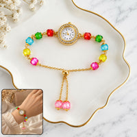 Women’s Colorful Beaded Bracelet Watch, Gold Tone Crystal Dial Fashion Wrist Watch