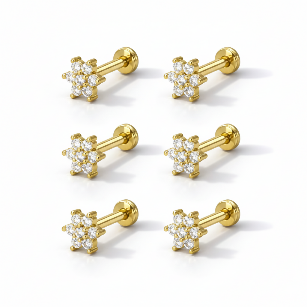 Set of three pairs gold plated crystal flower flat back stud earrings