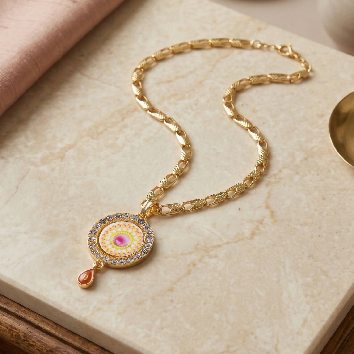Gold Plated Pendant Necklace with Stone Studded Design