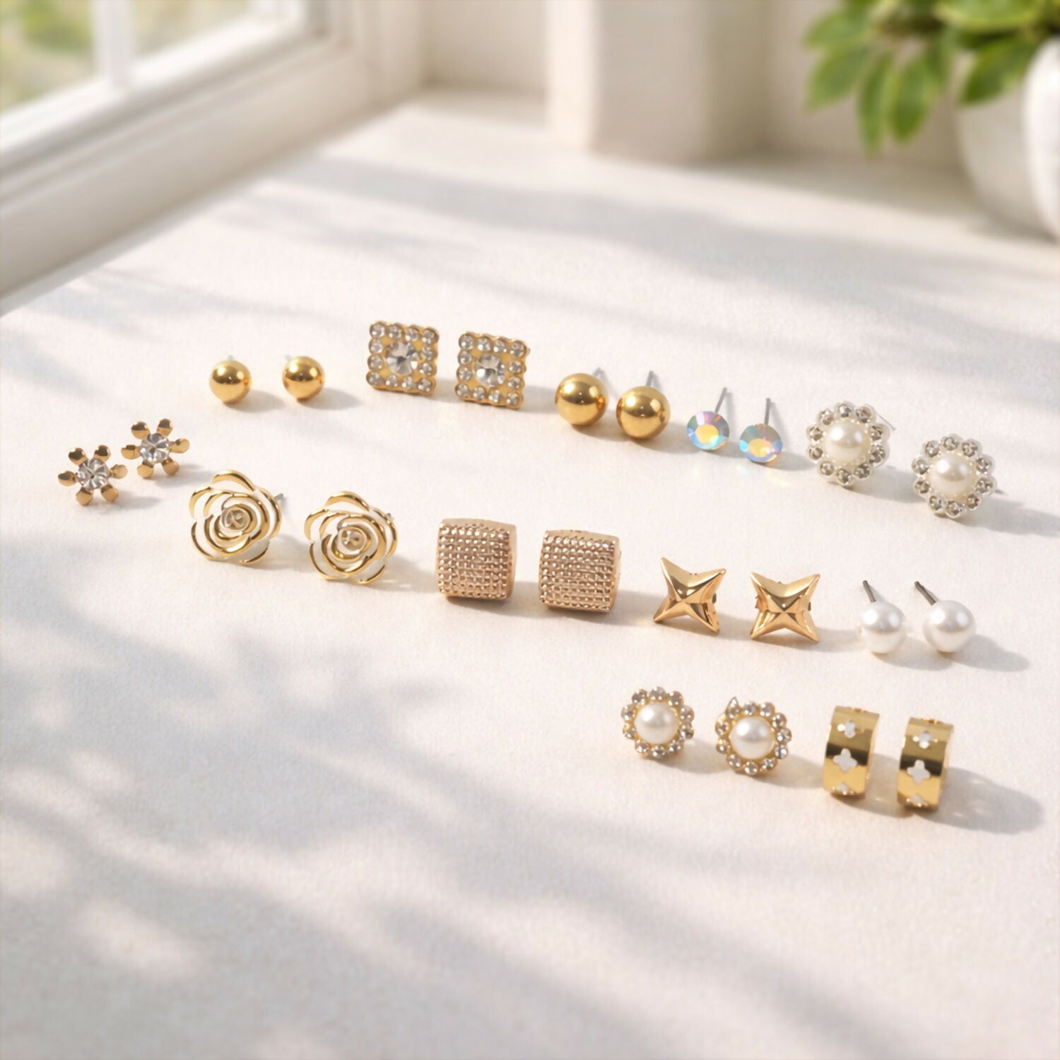 Gold Plated Multi Design Stud Earrings Set for Women & Girls – Fashion Combo Earrings Pack (12 Pairs)