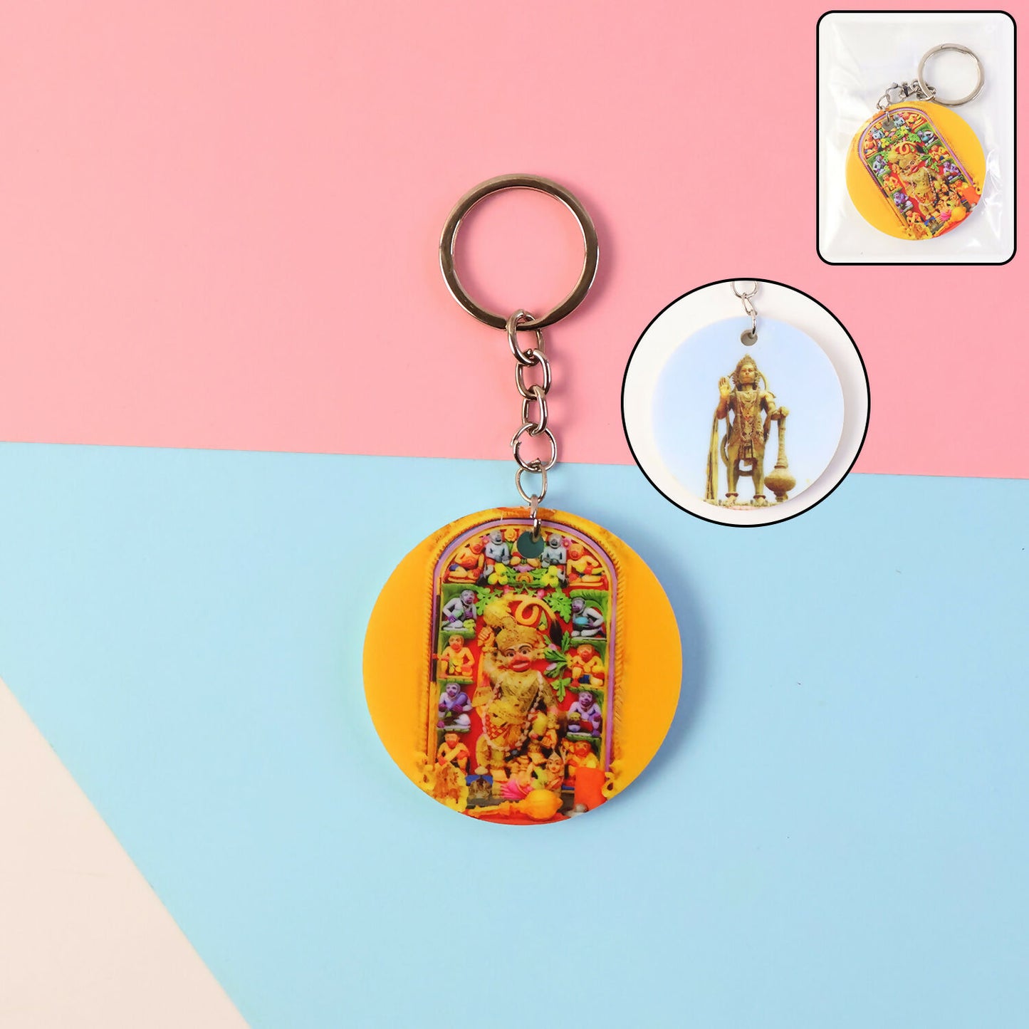 Hanuman Mandir Printed Round Keychain – Bright, Devotional & Lightweight Key Holder