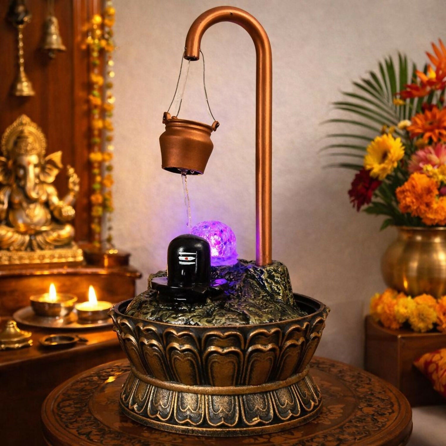 Shivling Water Fountain with LED Light Decorative Tabletop Waterfall Showpiece
