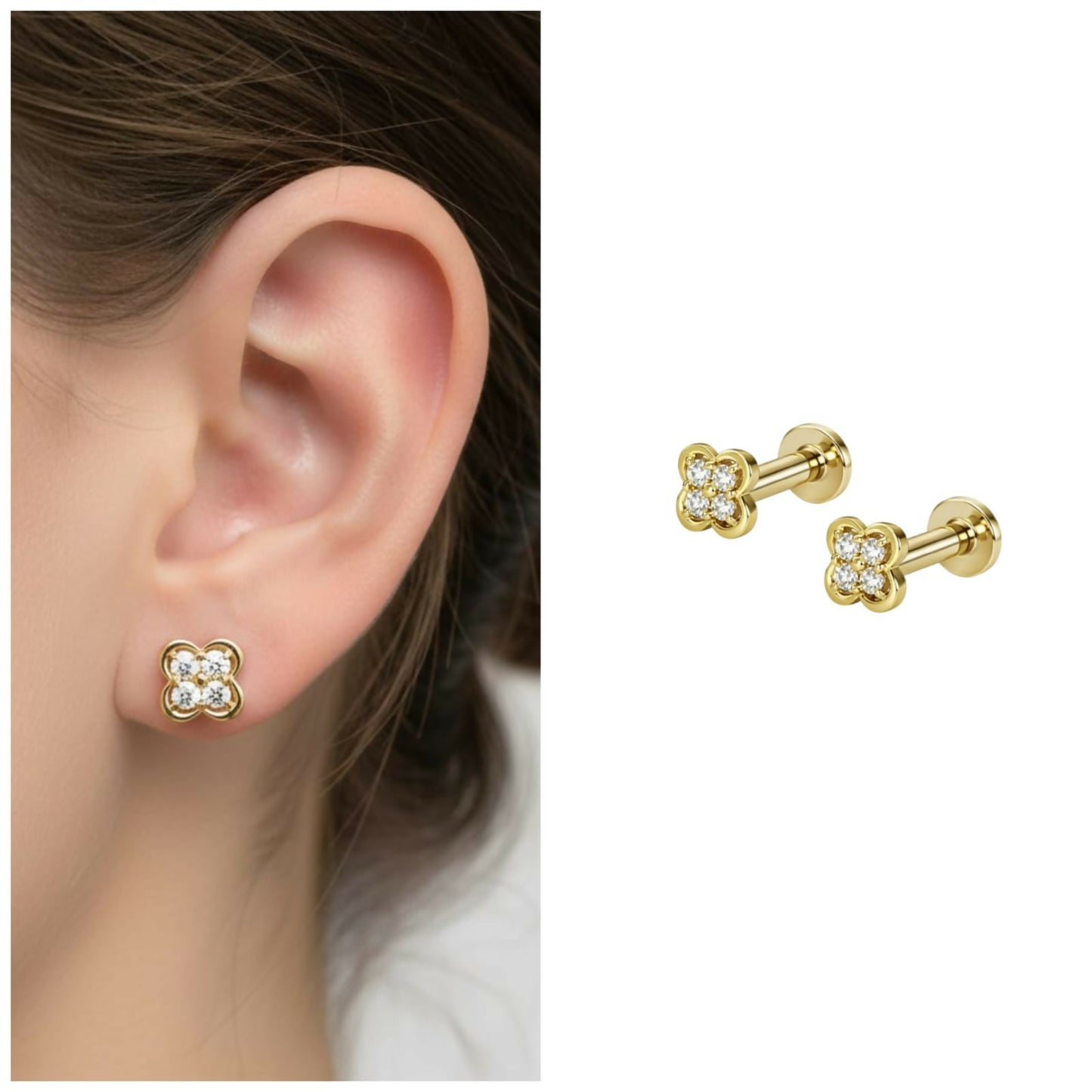 Gold plated clover diamond stud earrings with flat back closure