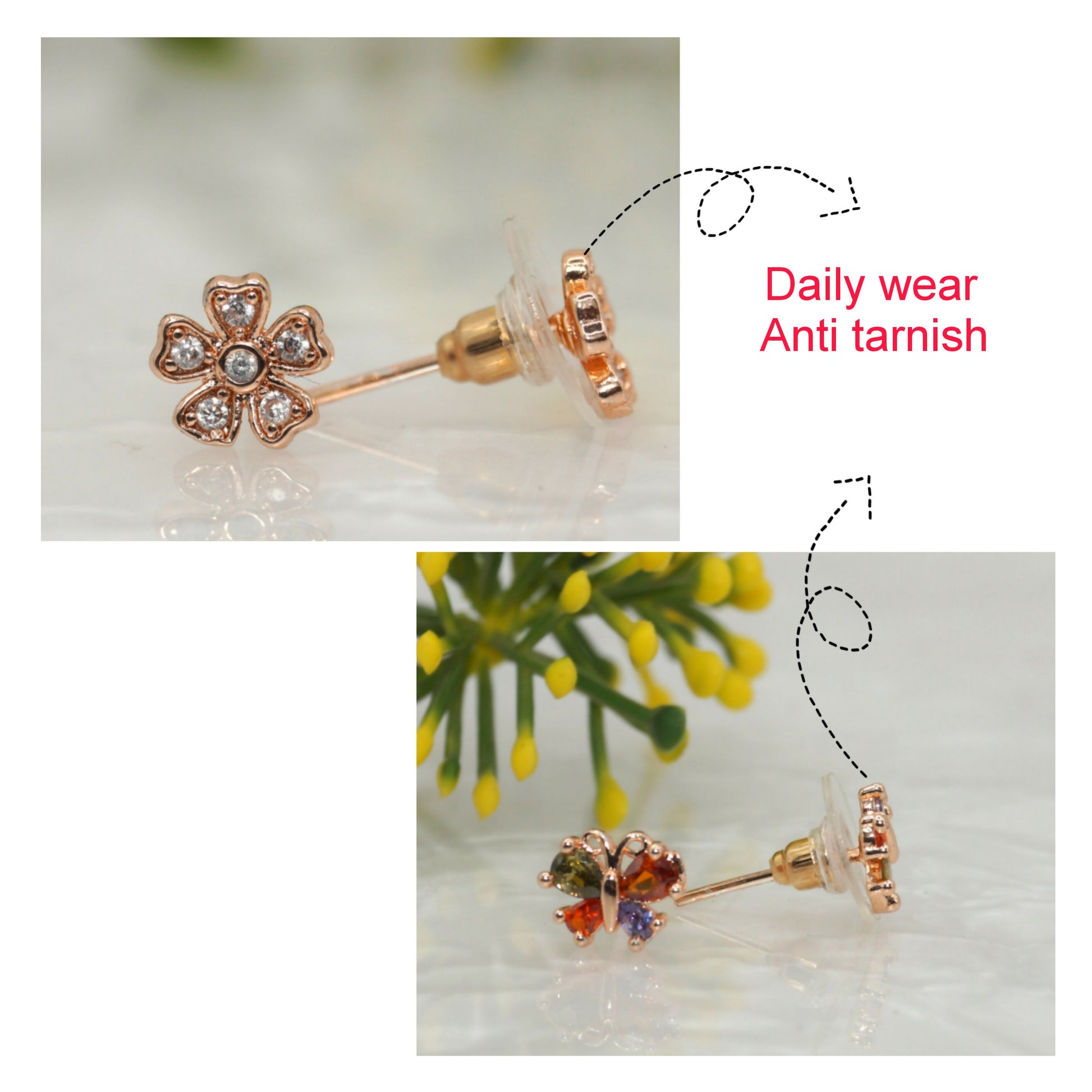 Close-up of delicate rose gold flower stud earrings with clear cubic zirconia stones