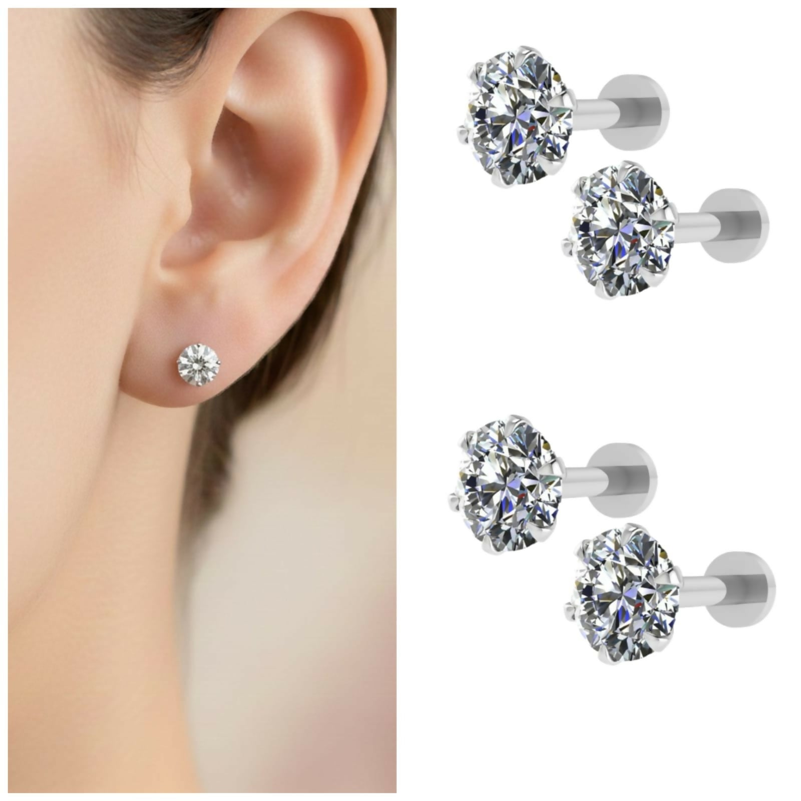 Silver plated round CZ solitaire stud earrings with flat back combo pack of 4 displayed