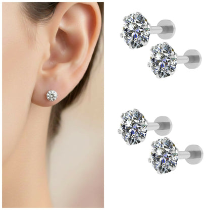 Silver plated round CZ solitaire stud earrings with flat back combo pack of 4 displayed