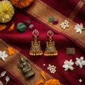 Antique Matte Gold Plated Temple Jhumka Earrings with Ruby Studs an...