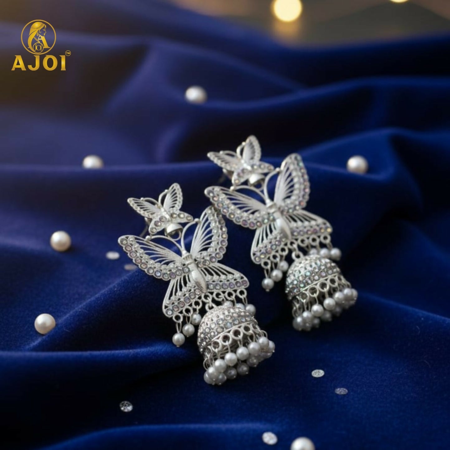 Silver Plated Butterfly Designer Jhumka Earrings with Pearl Drops for Women & Girls
