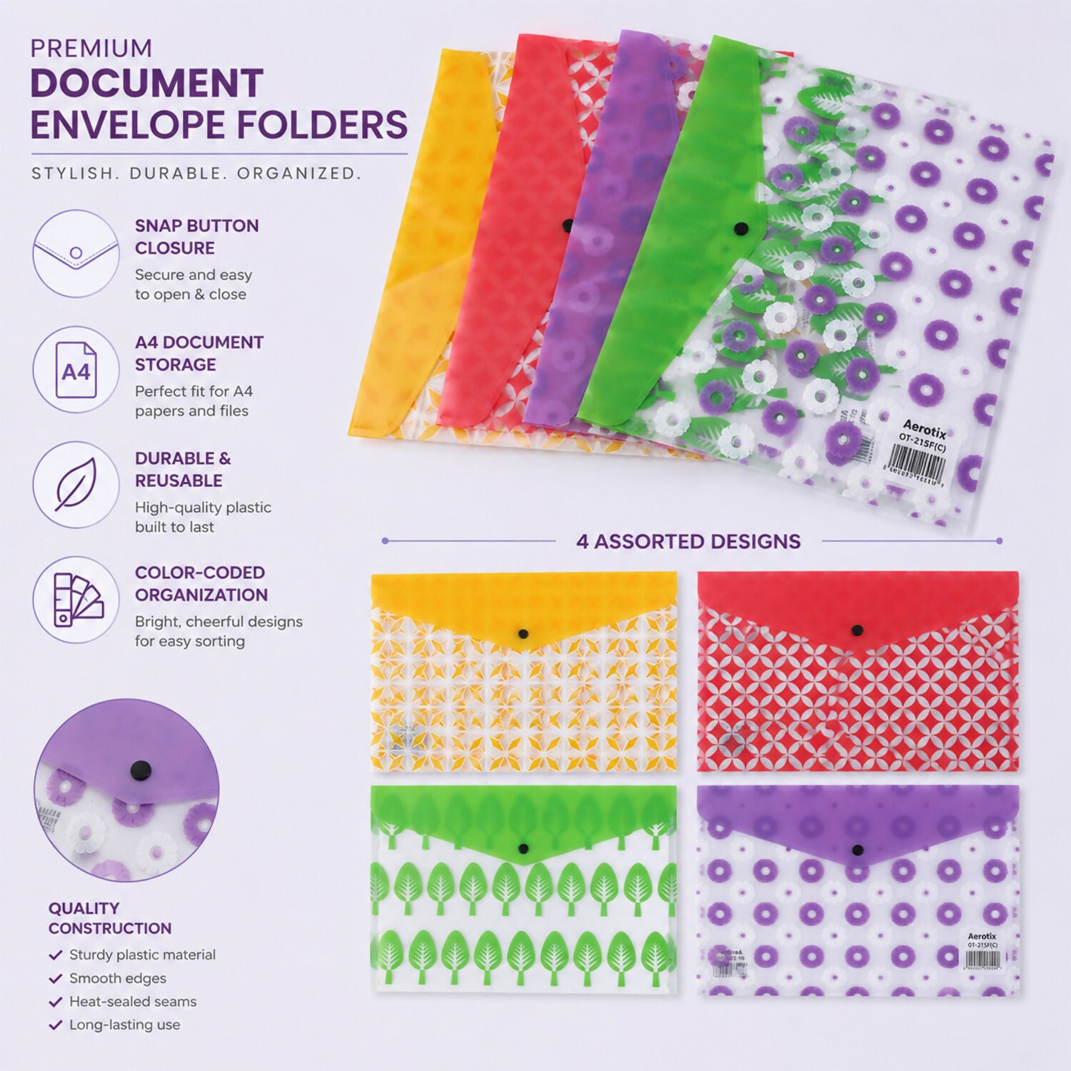 Transparent green leaf design A4 document envelope folder with snap closure
