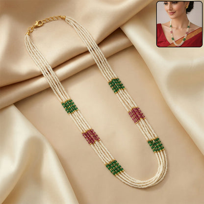 Multi-strand pearl mala necklace with green and pink bead accents for traditional Wear