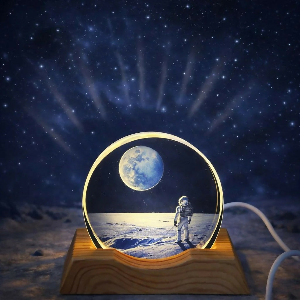 Side view of astronaut moon LED acrylic lamp