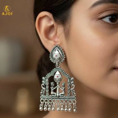 Shivarpan White Pearl Oxidized Silver Temple Earrings