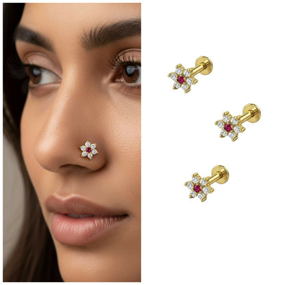 Set of three gold plated nosepin studs featuring floral ruby red crystal centers