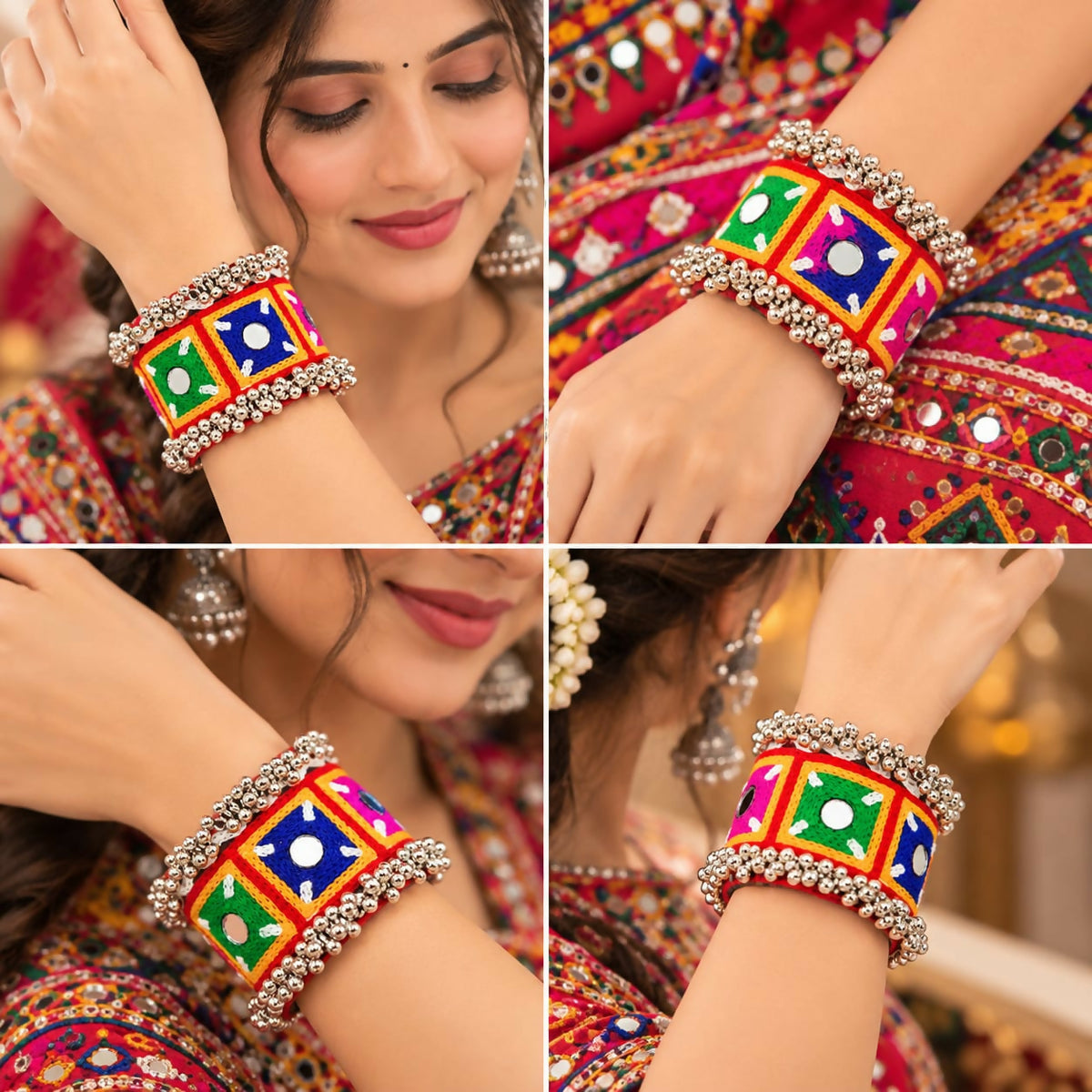 Four different views of a woman modeling the colorful embroidered kada bracelet on her wrist.