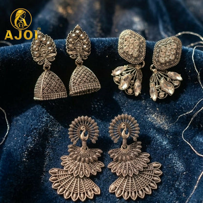 Oxidized Silver Earrings with Jhumka and Peacock Set of 3