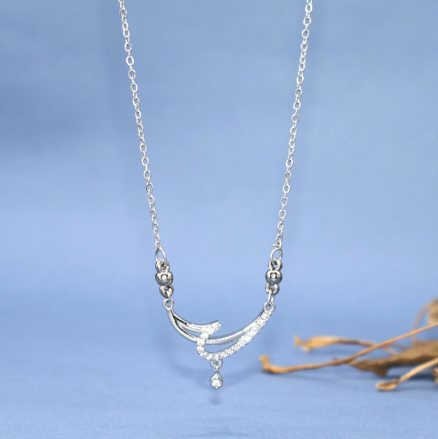 Silver Tone AD Pave Crescent Curve Drop Pendant Necklace