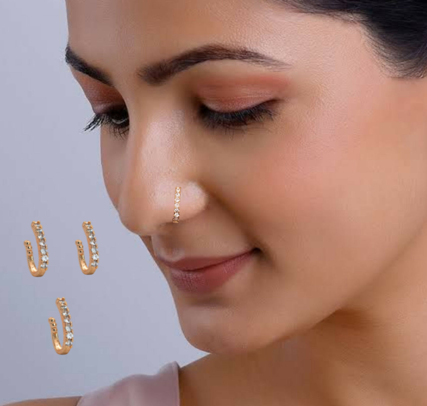 Rose Gold Plated CZ Stone Adjustable Nose Ring Set of 3
