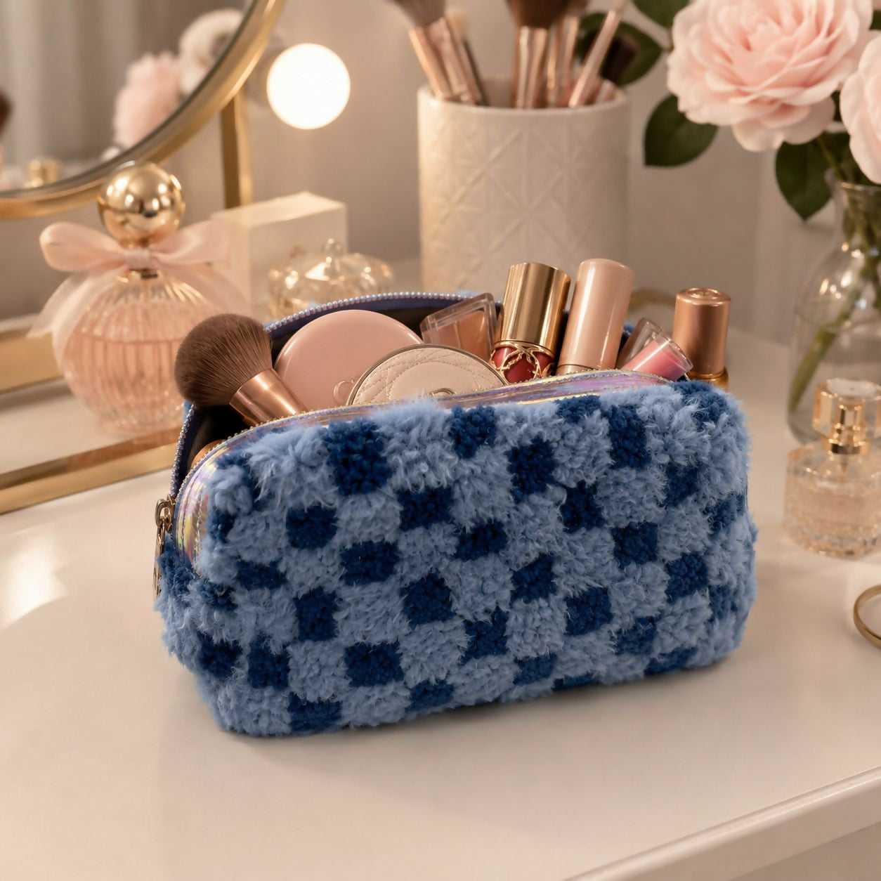Pastel quilted multipurpose cosmetic and stationery organizer pouch