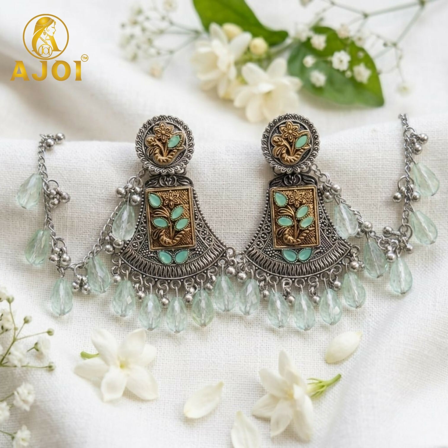 Oxidised Floral Chandbali Earrings – Elegant Mint Drops