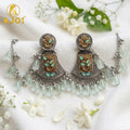 Oxidised Floral Chandbali Earrings – Elegant Mint Drops