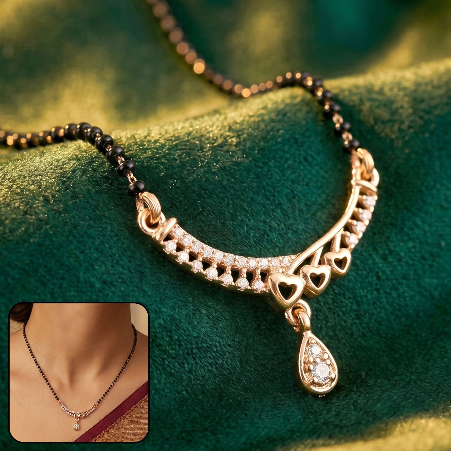 Elegant mangalsutra necklace with teardrop pendant and studded bar design