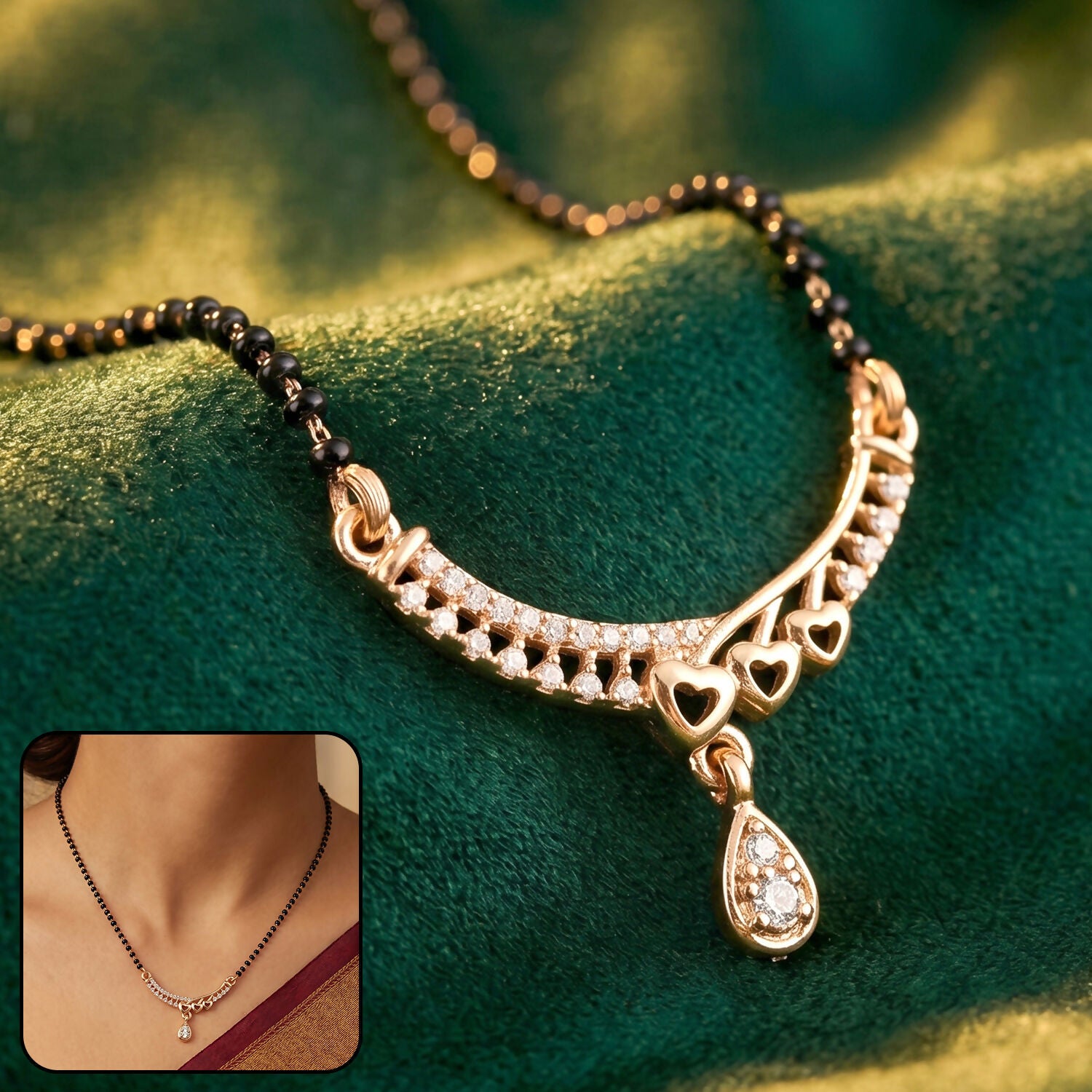 Elegant mangalsutra necklace with teardrop pendant and studded bar design