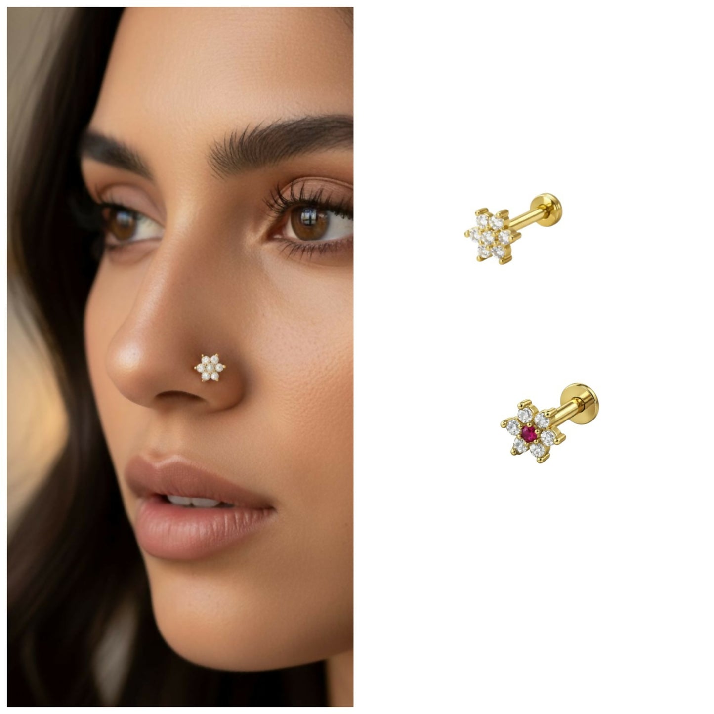 Ruby red centered Flower Nosepin Stud gold plated flat back combo