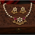 Gold Plated Pearl Necklace Set with Red Stone Pendant and Ghungroo Earrings