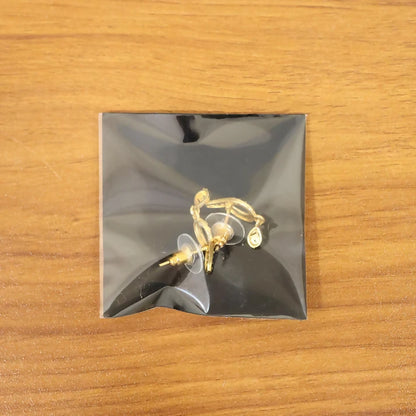 Minimal Curved Leaf Gold Earrings With Crystal Line Work And Small Drop Detailing