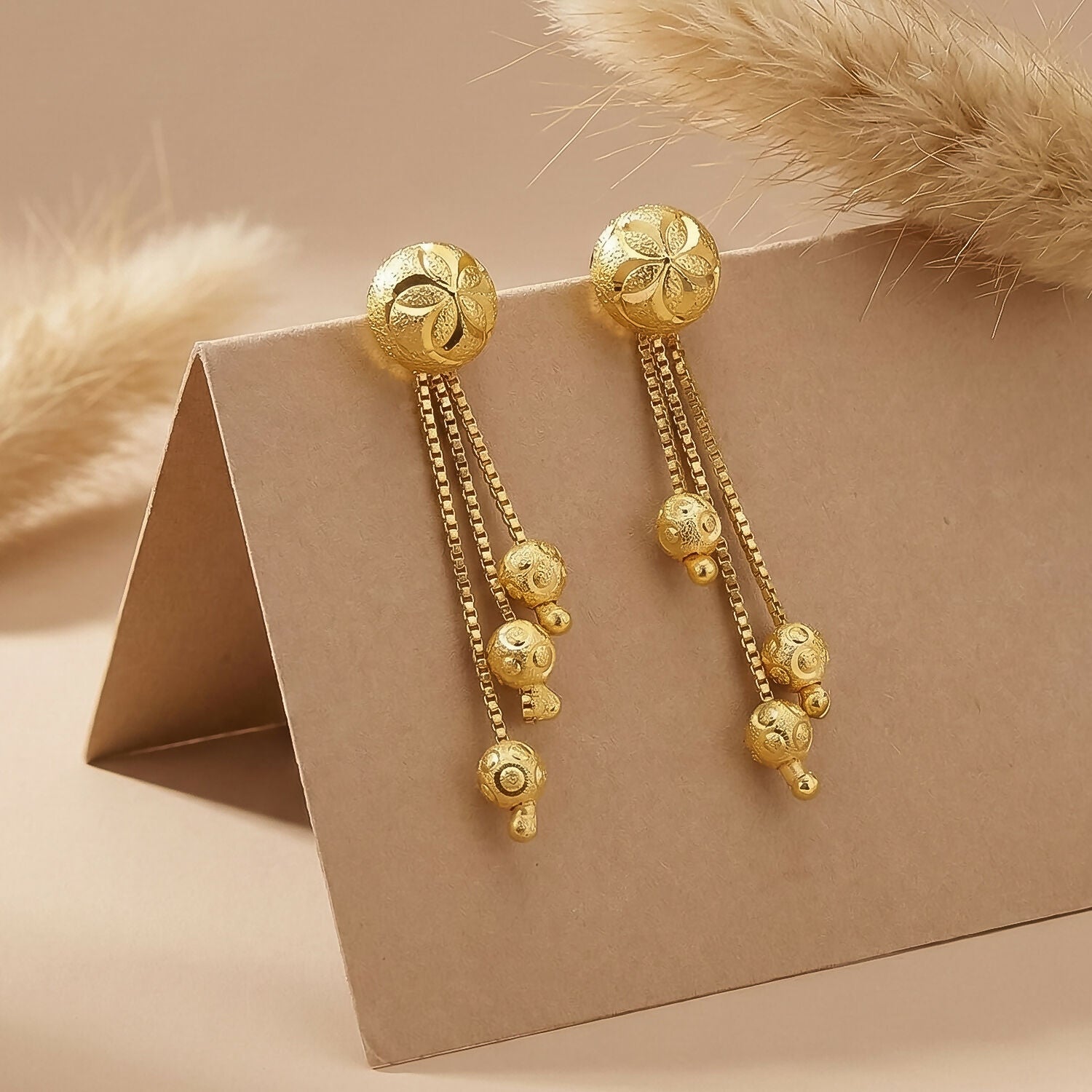 Floral Stud Chain Drop Earring with Elegant Bead Accents