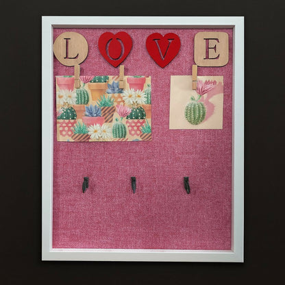 Decorative Wooden Wall Hanging Key Holder with 3 Hooks, Love Lettering & Cactus Print – Stylish Wall Organizer for Home, Bedroom & Living Room – Modern Wall Décor Key Hanger Frame (Pink, White Frame)