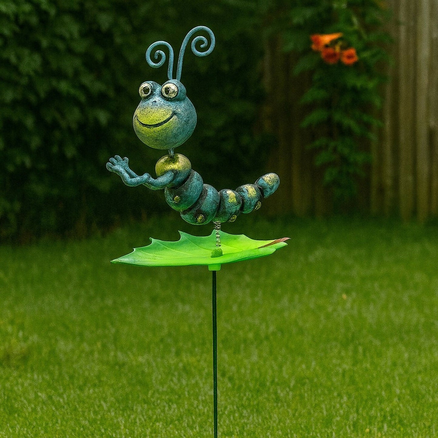 Blue Metal Caterpillar Garden Stake for Outdoor Décor – Cute Insect Yard Ornament with Leaf Base (1 PC)