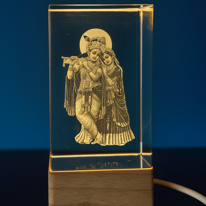 Radha Krishna 3D Crystal LED Night Lamp with Wooden Base – Divine Spiritual Gift for Home Décor, Office Desk, Puja Room, and Festive Lighting – Elegant Laser Engraved God Idol Showpiece