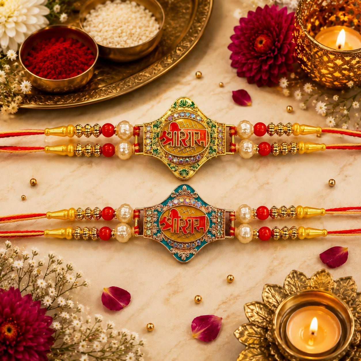Two ornate gold and pearl Rakhis with red and orange threads, one with a green center, the other blue, on a light marble