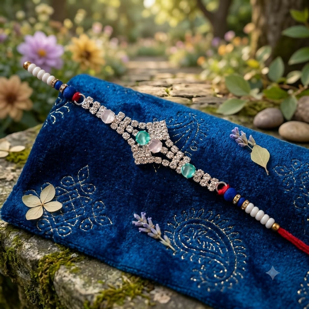 A red thread bracelet with a crystal-studded centerpiece and colorful beads lies on a blue velvet cloth with gold embroidery