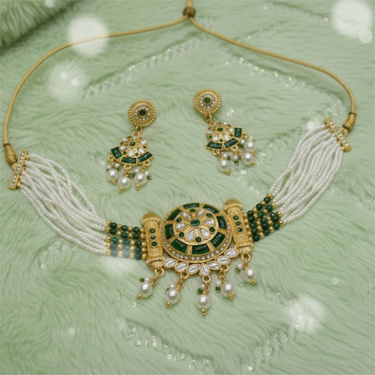 Bridal Green Kundan & Pearl Necklace with Earrings