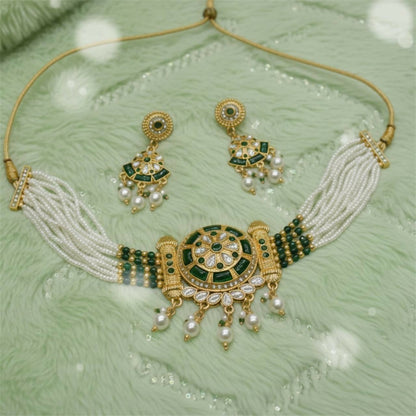 Bridal Green Kundan & Pearl Necklace with Earrings