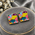 Multicolour Abstract Rectangular Stud Earrings with Gold-Tone Borders for Women