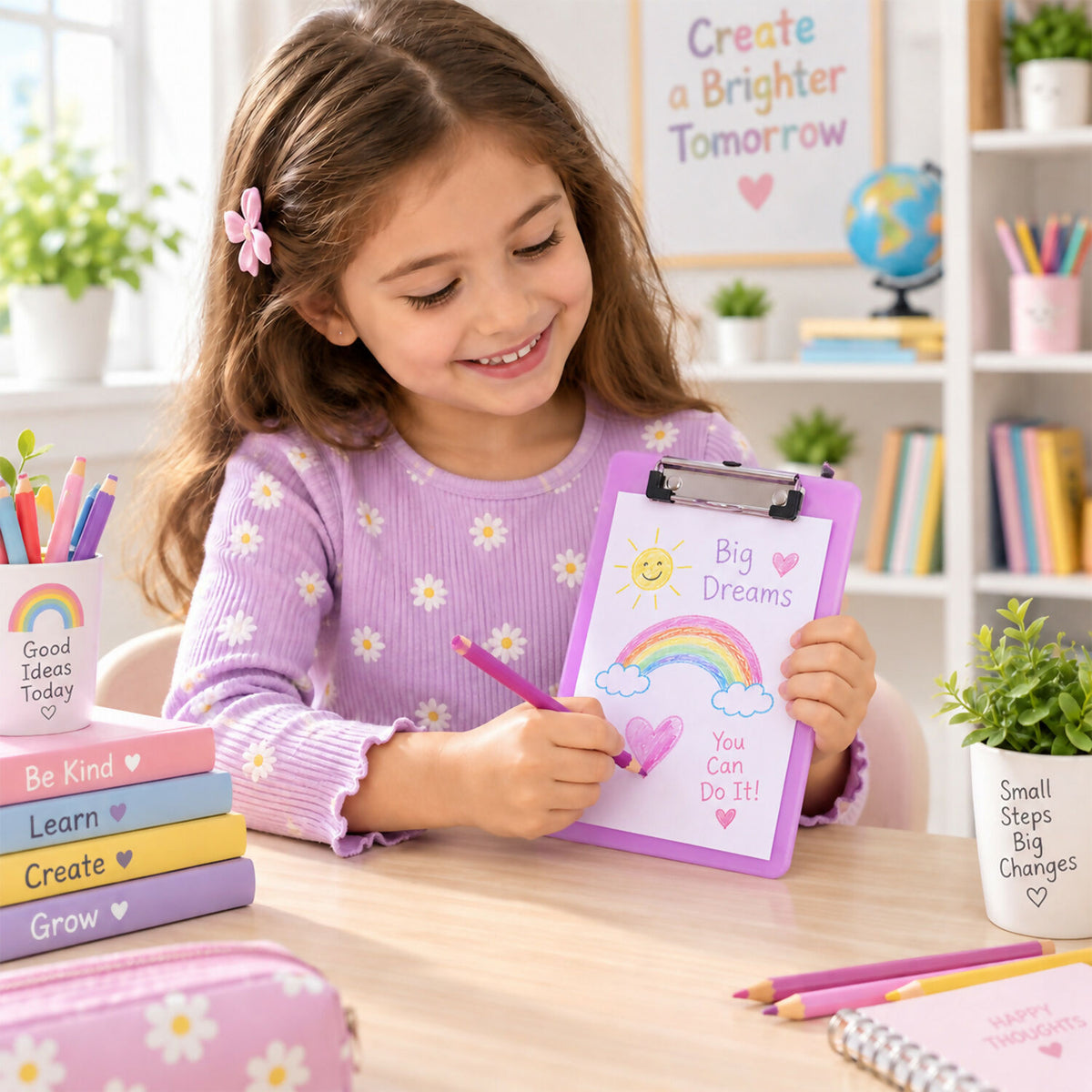 A young girl with long brown hair smiles while drawing on a piece of paper attached to a purple clipboard.