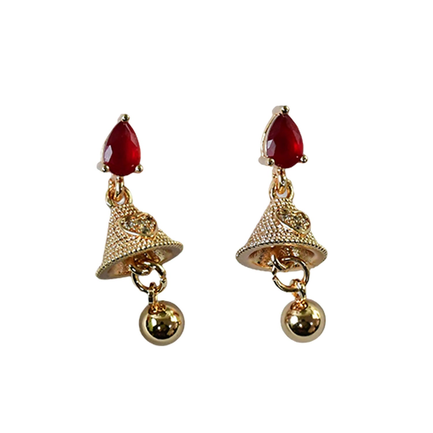 Detailed texture on gold bell drop of ruby teardrop jhumka earrings
